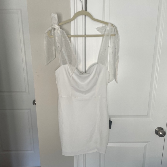 Lulus Beaming Perfection White Pearl Organza Tie-strap Mini Dress - Size L - Picture 2 of 3